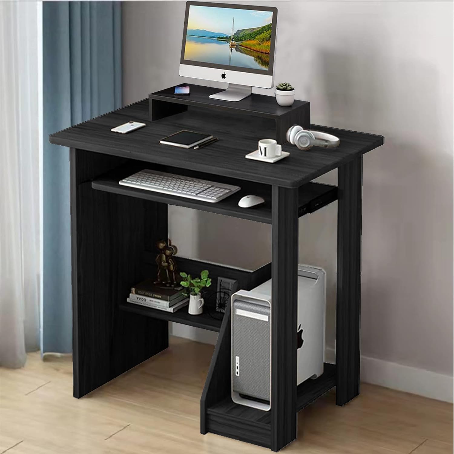 ALISENED Home Office Computer Desk with Monitor Stand Keyboard Tray， 29.5 Inch Study Writing Desk Small PC Laptop Table with Storage Shelves， Modern Workstation for Small Spaces Save Space - Image 5